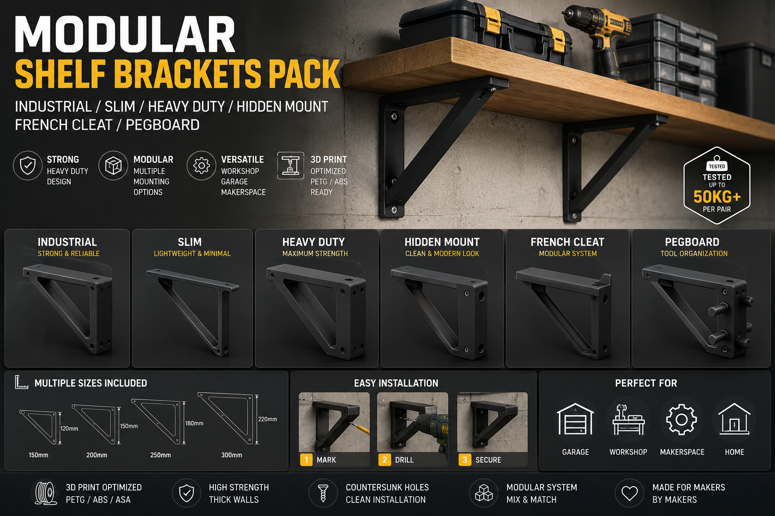 Modular Heavy Duty Shelf Brackets Pack | Industrial / French Cleat / Pegboard