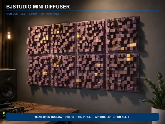 Mini Acoustic Diffuser 8 Unique 100 mm Tiles (Hollow Low Fil)
