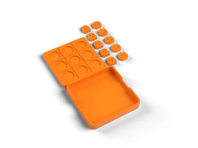 Halloween Tic Tac Toe - Pocket Game with Ghosts vs Pumpkins and Storage Tray, No Supports (OpenSCAD)