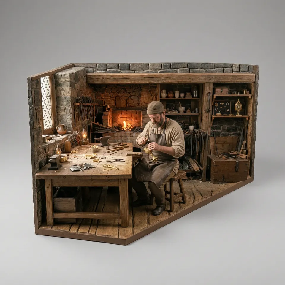 Medieval Art - Goldsmith at Work in His Shop by Model Magic