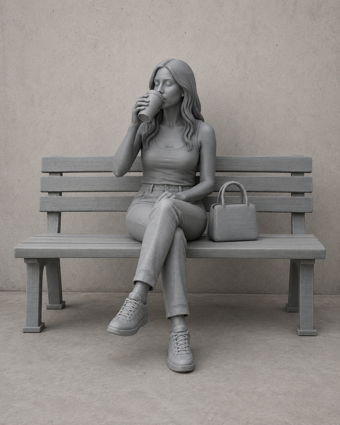 Frau trinkend auf Parkbank - Woman drinking on park bench