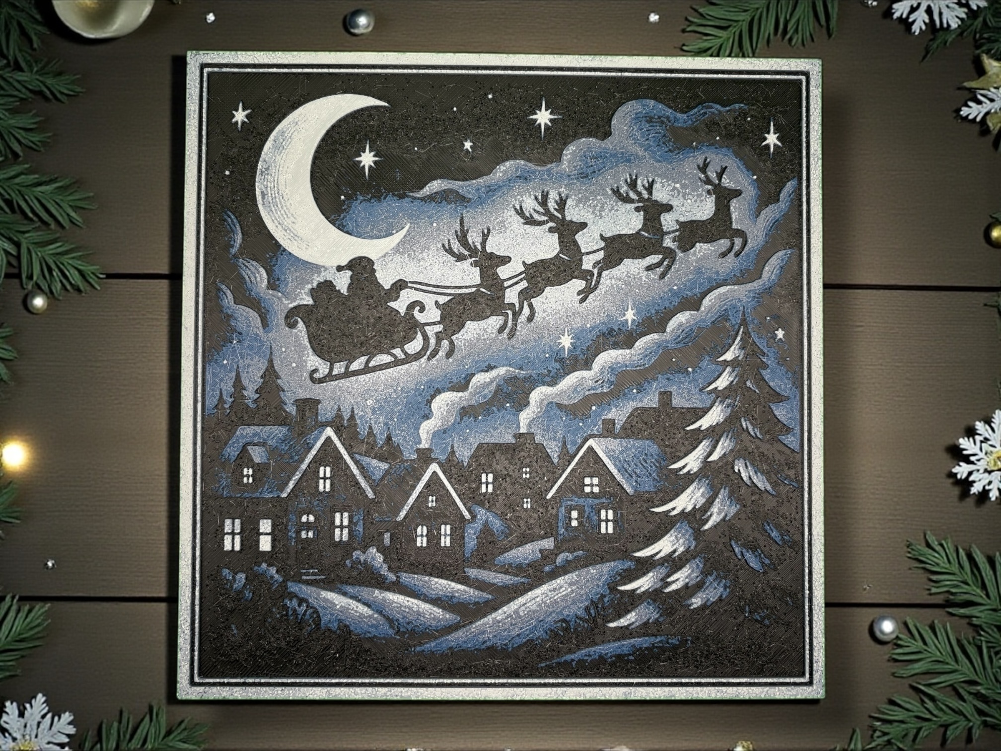 Moonlit Midnight Flight – Santa Over the Village Christmas Hueforge