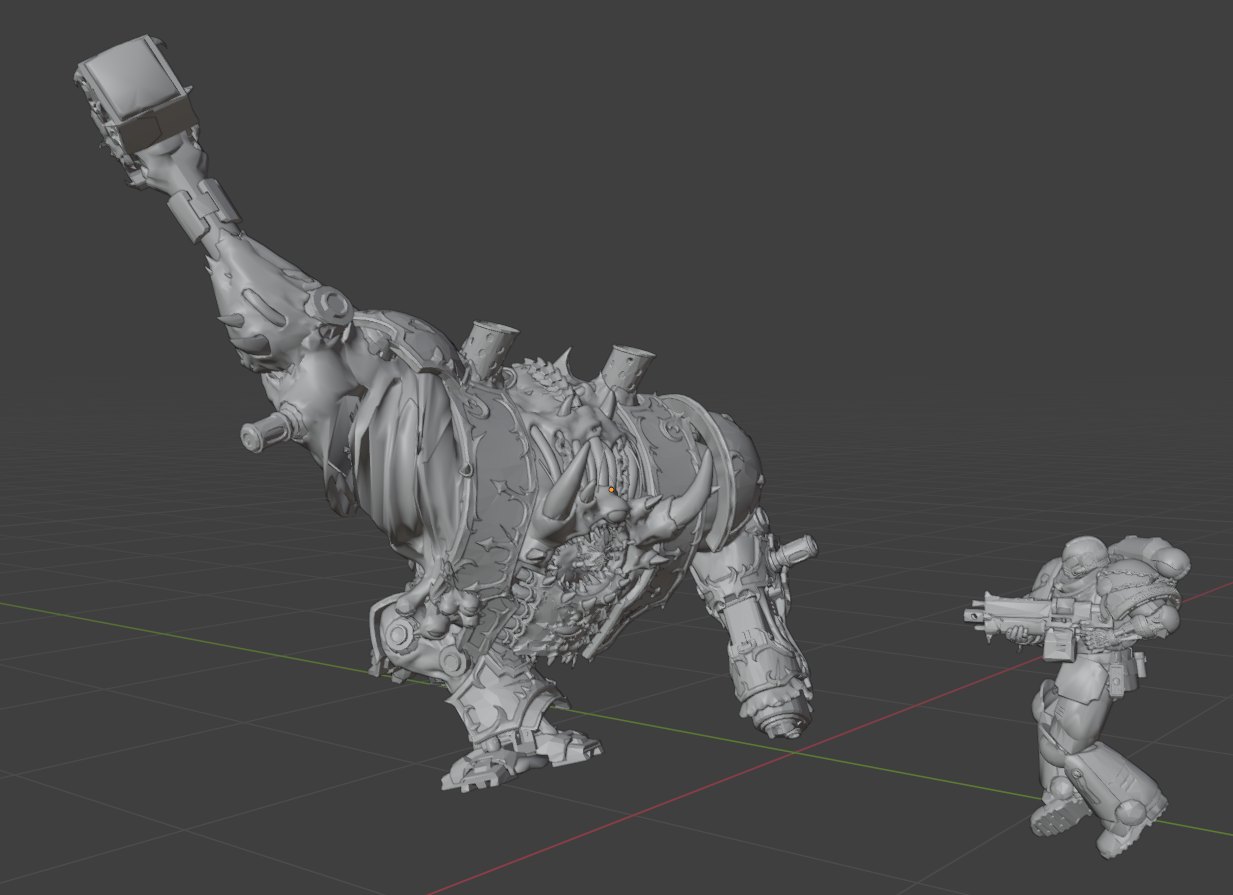 Warhammer 40k Helbrute/Chaos Dreadnought with hammer swung attacking Space Marine