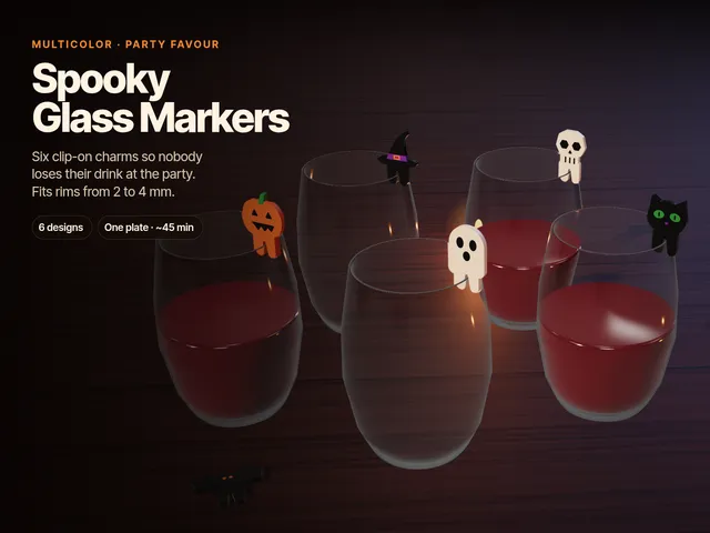 Halloween Wine Glass Markers – 6 Multicolor Clip-On Charms, No Supports, One Plate