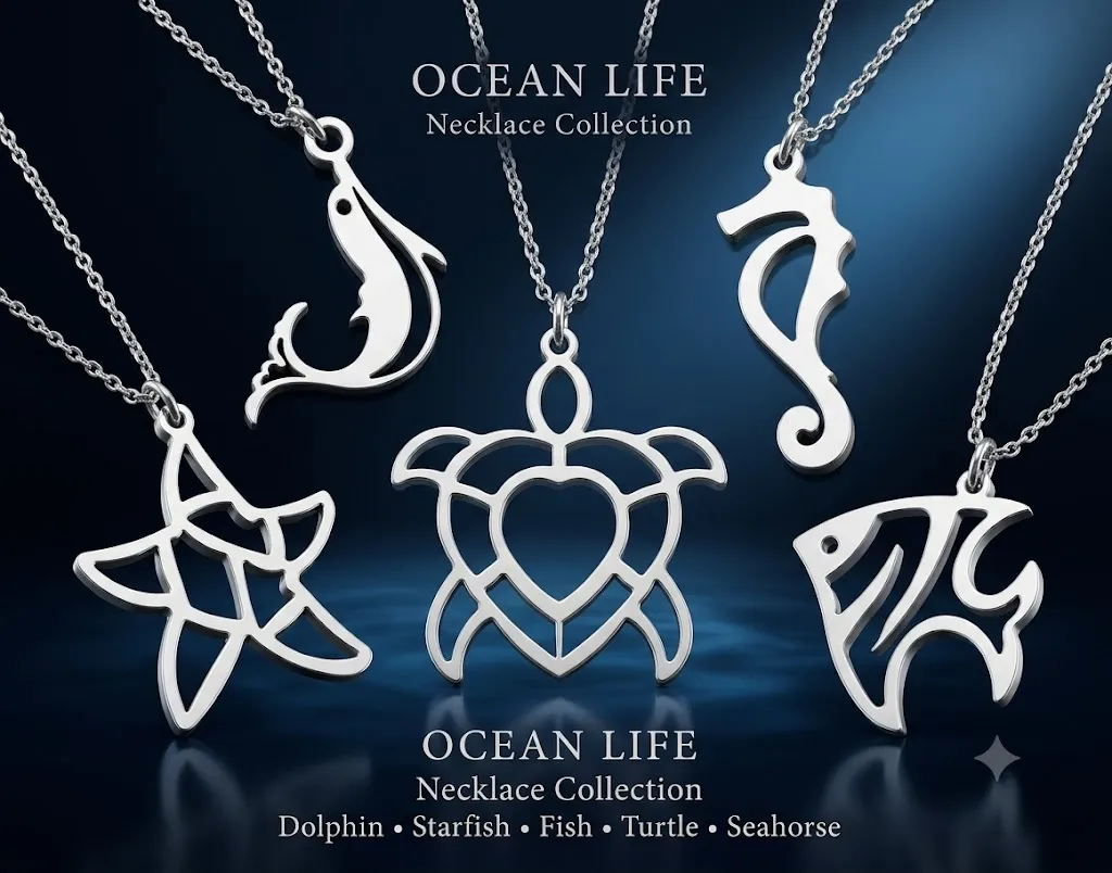 Ocean Life (海の生きもの)　彫刻アクセサリー5-①③ Necklace Collection Ocean Life 5 Sea Animal Pendant Designs by