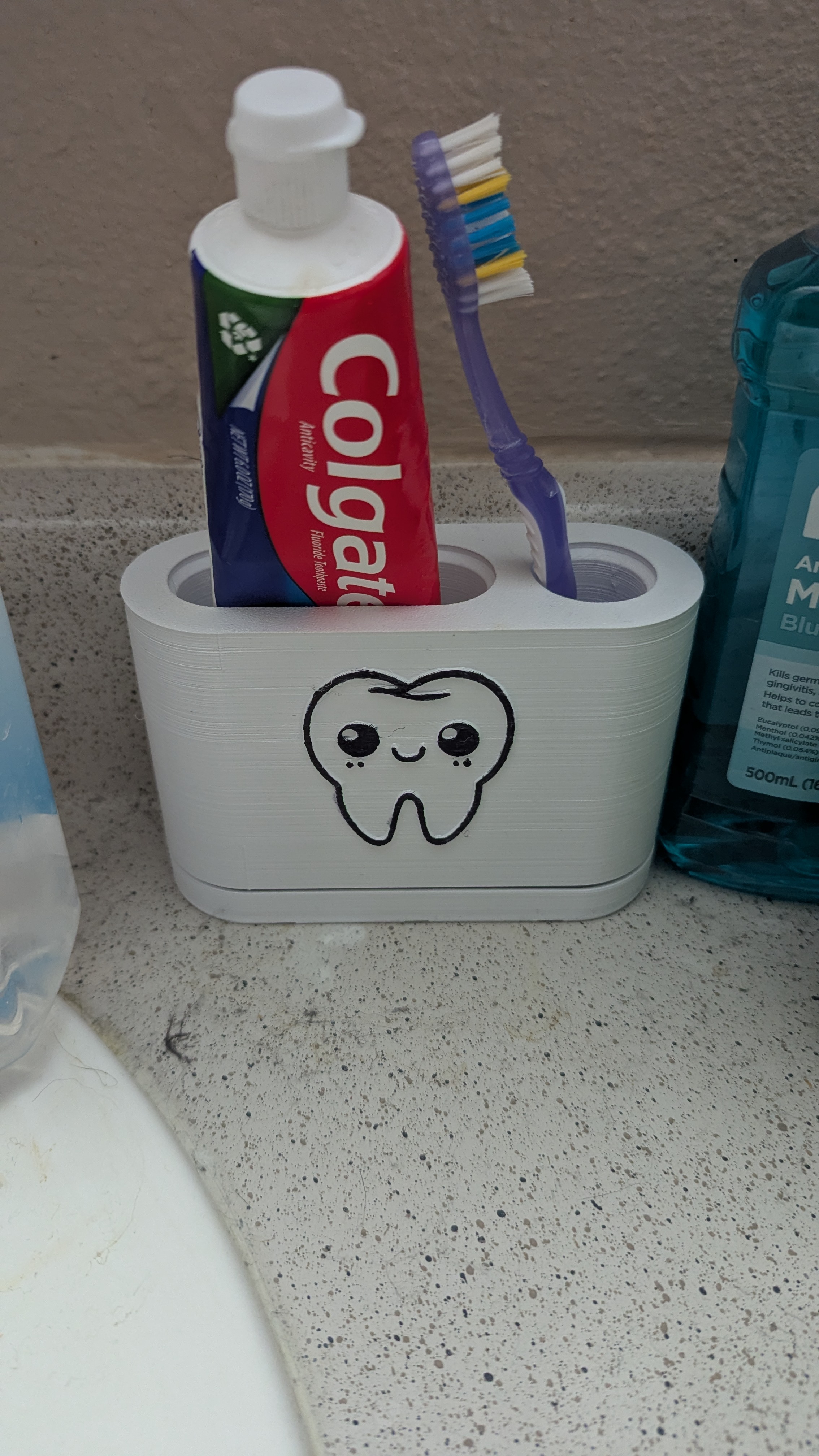 Single Toothbrush Holder with Water Channels and Tooth Emblem