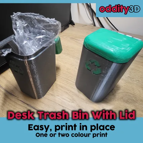 Desktop Trash Bin With Hinged Lid (easy print in place)