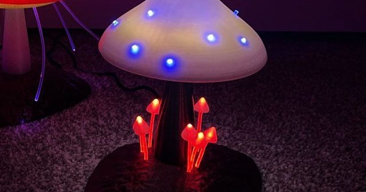 Very Spotted Fiberoptic Mushroom Lamp with Accent Mushroom Cluster by