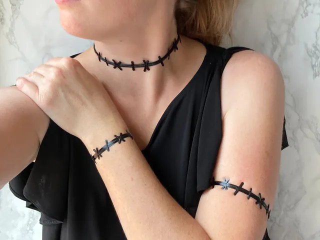 Stitched Neck Choker, Bracelets, and Armbands