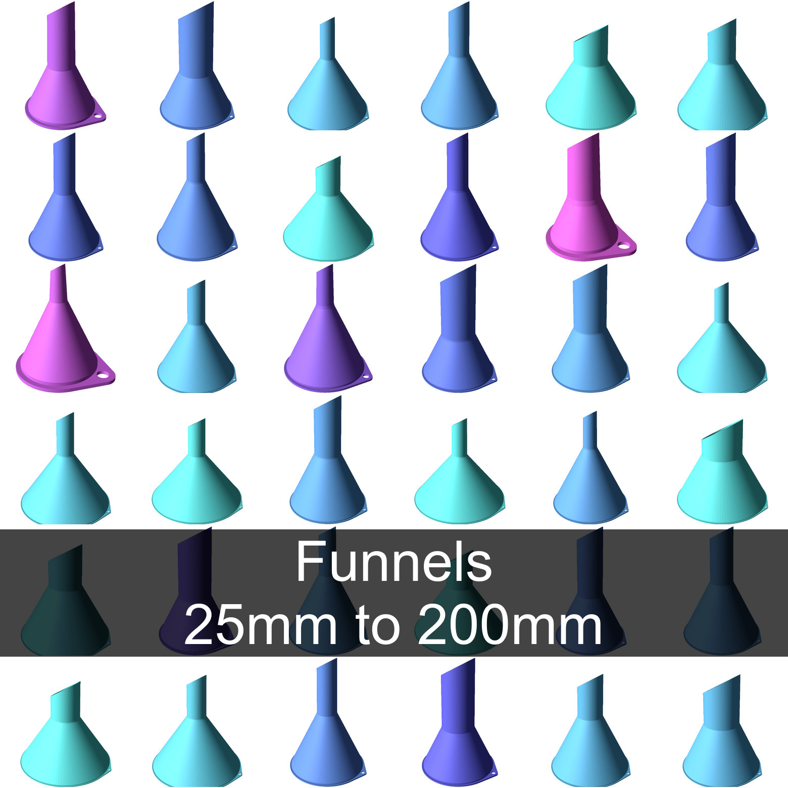 Funnels. Various sizes 25mm to 200mm by Max Download free STL model