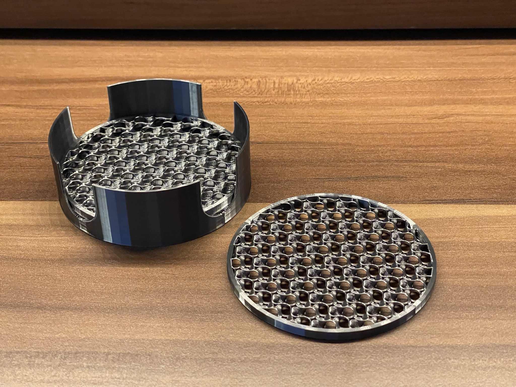 Infill pattern drink coaster and holder