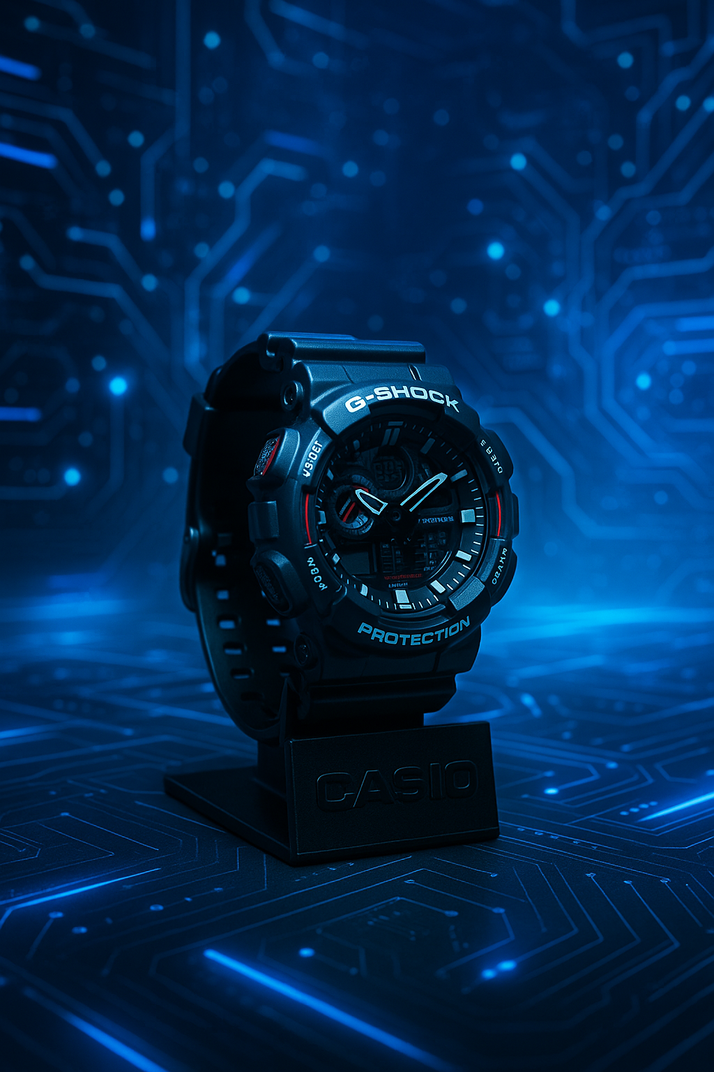 Watch stands with CASIO and G_SHOCK inscriptions