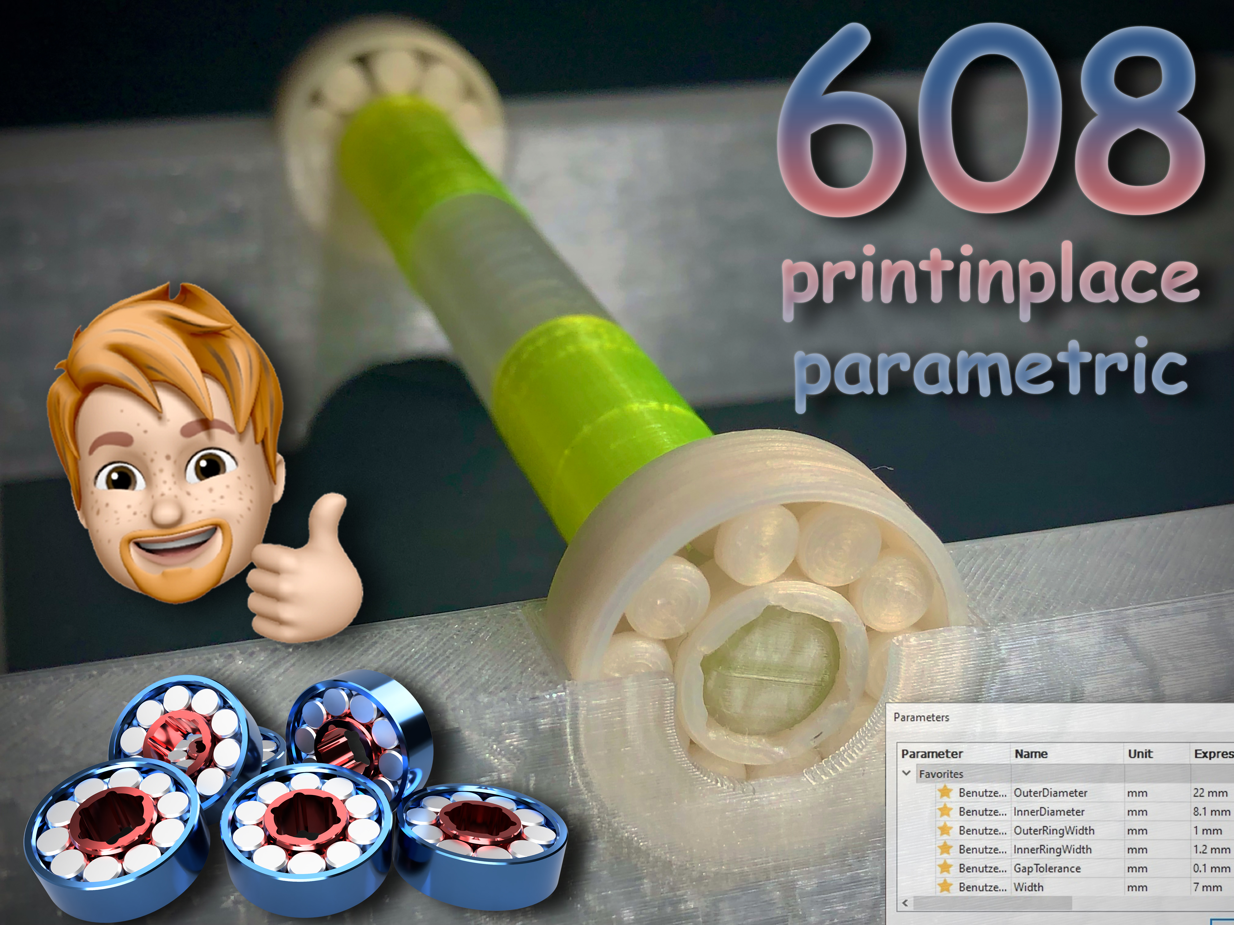 608 Bearing (Parametric Fusion360 File, print in place)