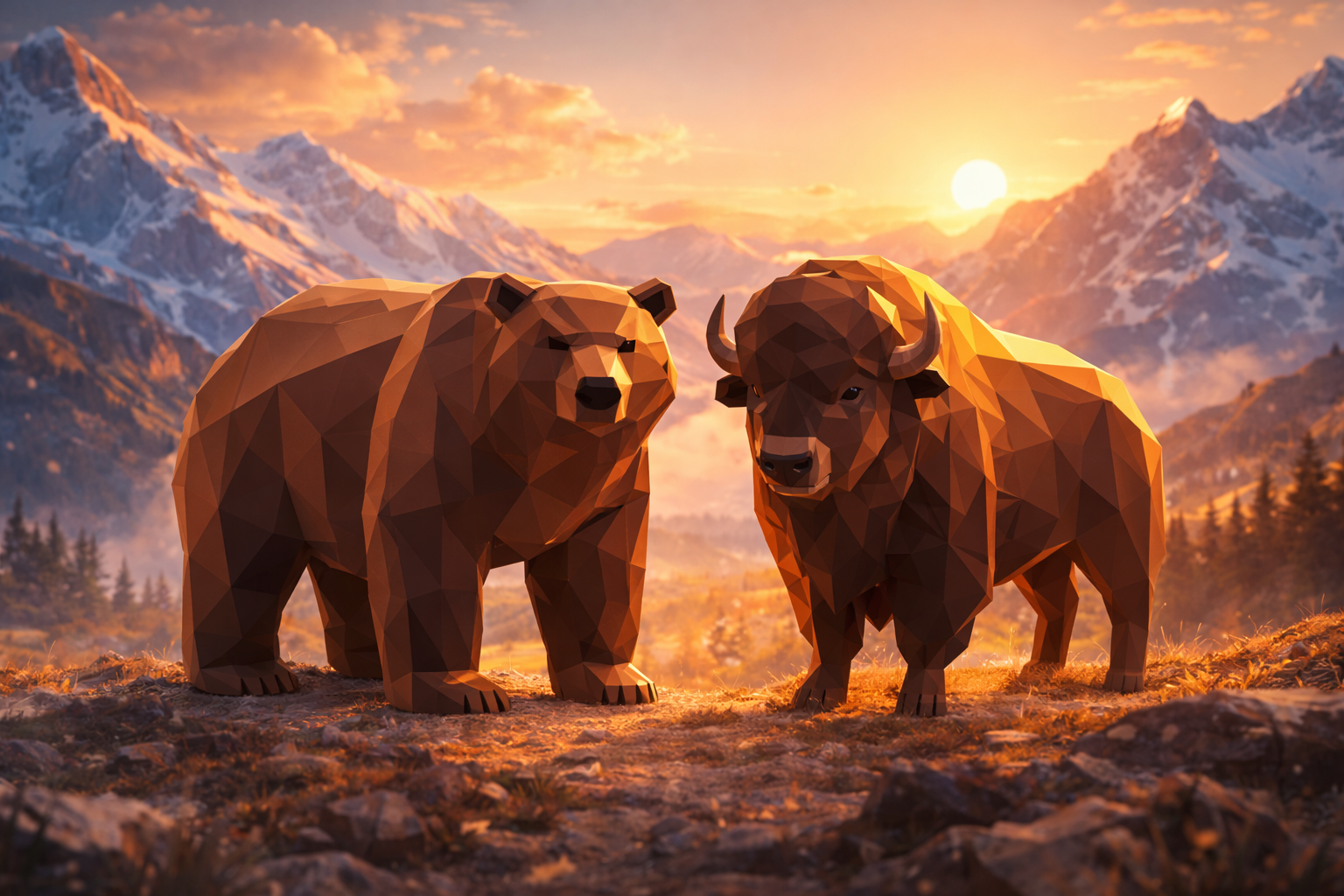 Abstract Minimal Animals – Mountain Duo (Low Poly Brown Bear & Bison)