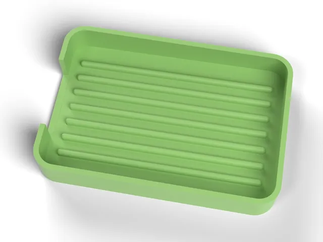 Draining Soap Dish - Sloped Floor, Ridges, Open Drain End (OpenSCAD)