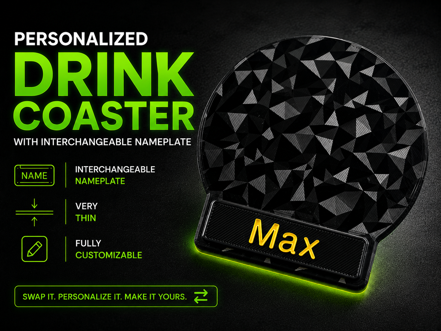 Personalized Drink Coaster with Interchangeable Name and TPU Anti-Slip Base - Getränkeuntersetzer