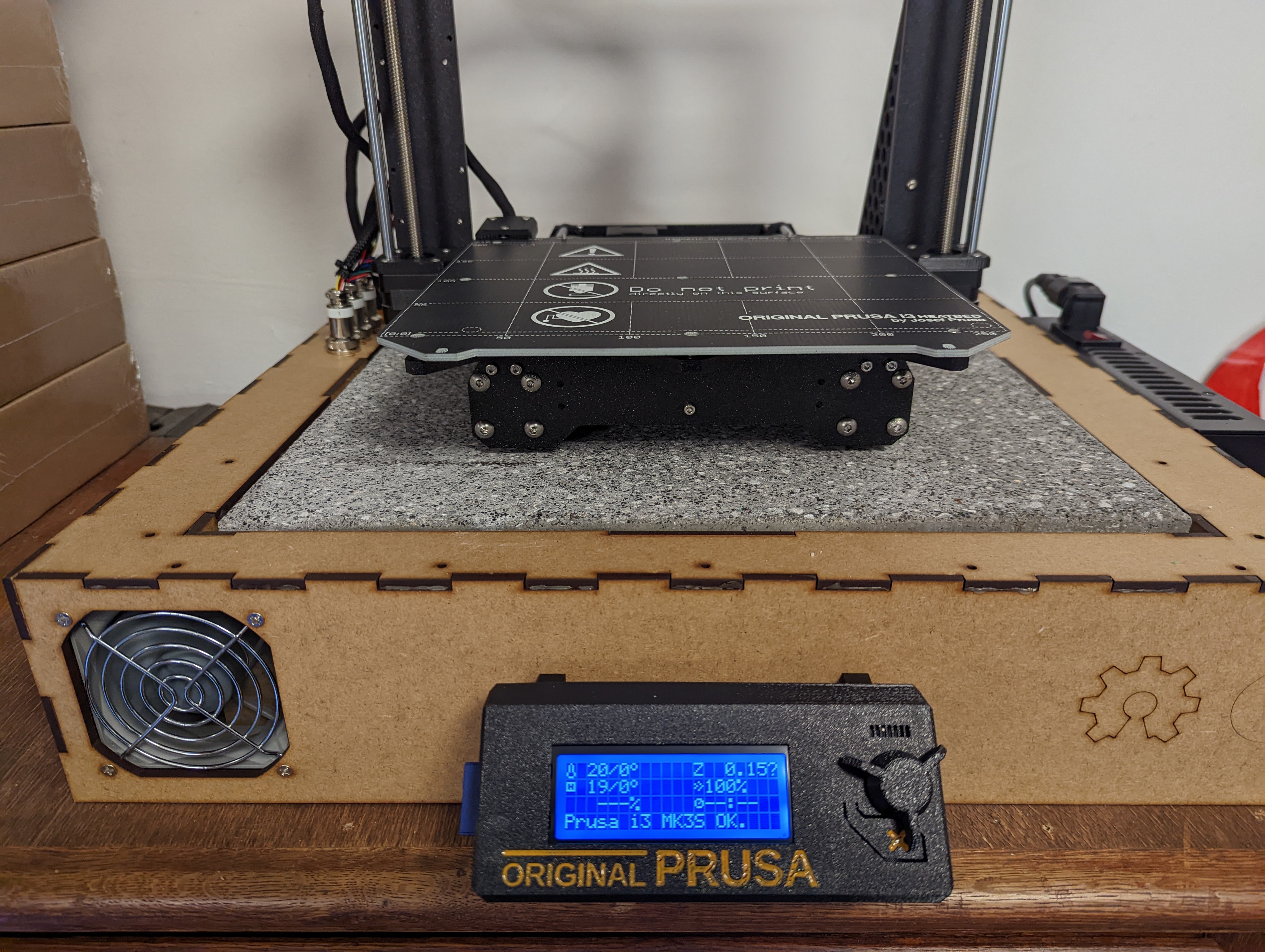 Lasercut base for MK3S+ electronics and PSU with room for dampening foam and paver tile