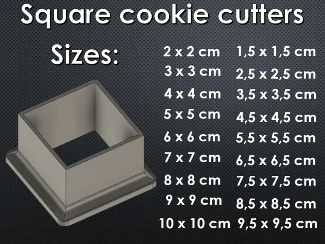 Square cookie cutter set 1,5cm - 10cm.