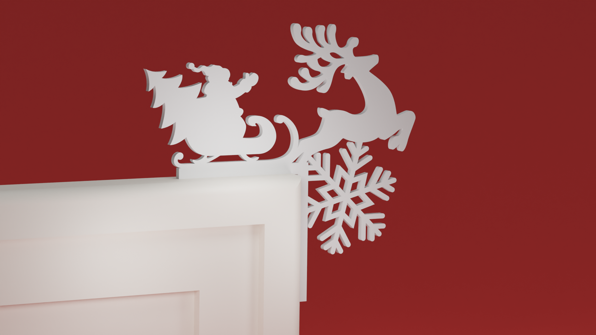 Christmas Door Trim Corner 27 - Santa Sleigh and Reindeer and Snowflake (Christmas ornament)