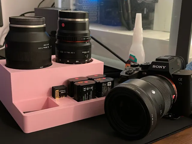 Camera lens, battery, and SD card station