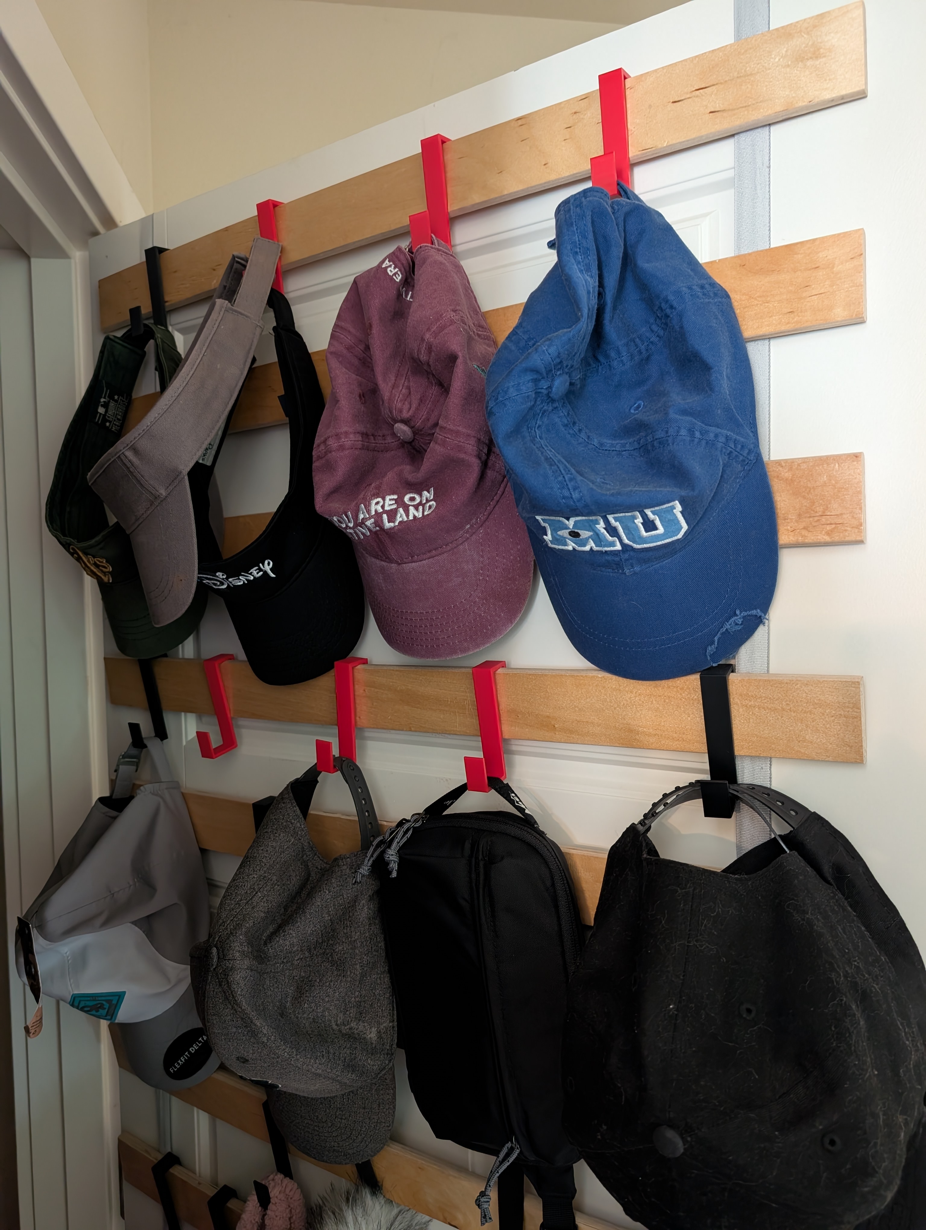 Simple hanging hook - Convert Ikea bed slats to an over-the-door hat and clothing rack.