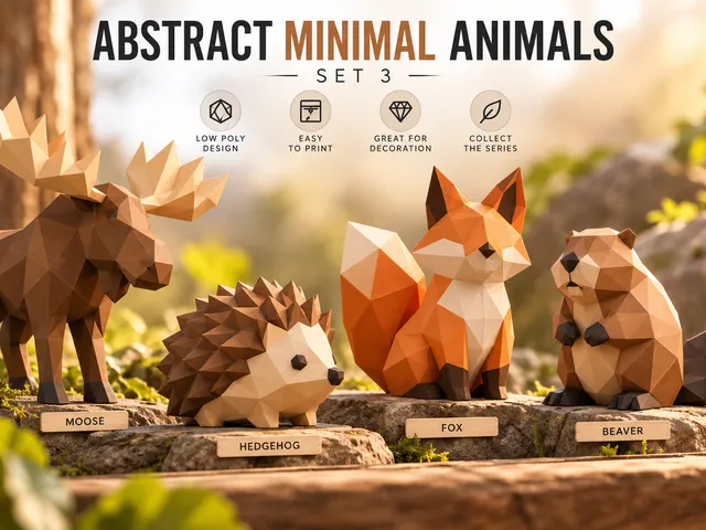 Abstract Minimal Animals – Set 3 | Low Poly Moose, Hedgehog, Fox & Beaver