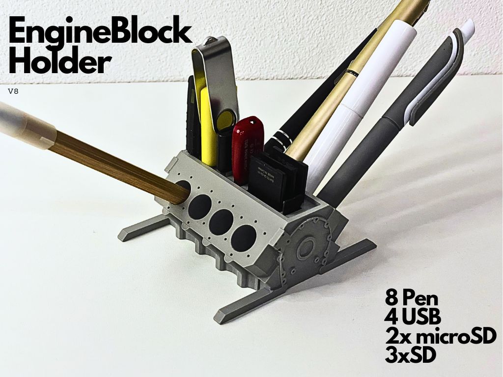 V8 Engine Block Pen Holder (USB, SD, microSD) 3D model thumbnail