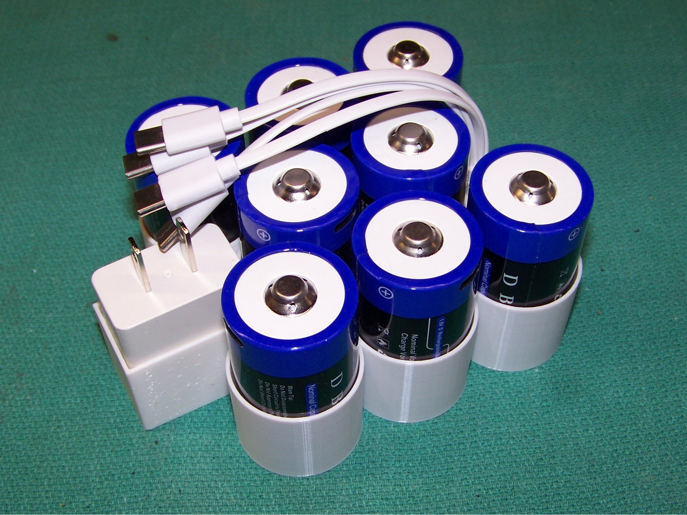 Holder for Rechargeable Lithium D Cell Batteries, Charging Block, and Quad USB Charge Cable