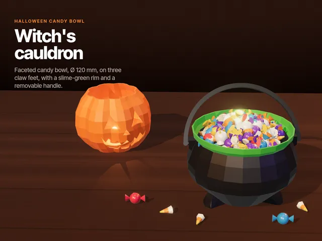 Witch's Cauldron Candy Bowl – Low-Poly Halloween Bowl with Removable Handle, No Supports
