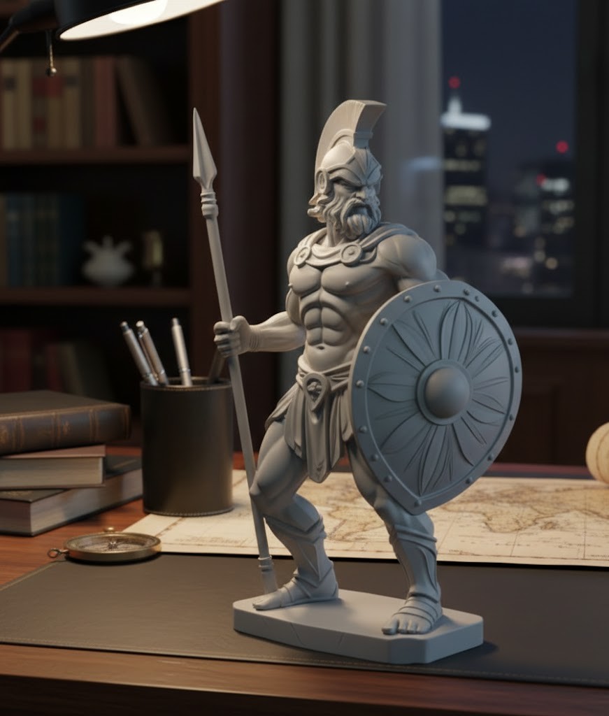 statue of the god Ares, with spear, helmet and shield