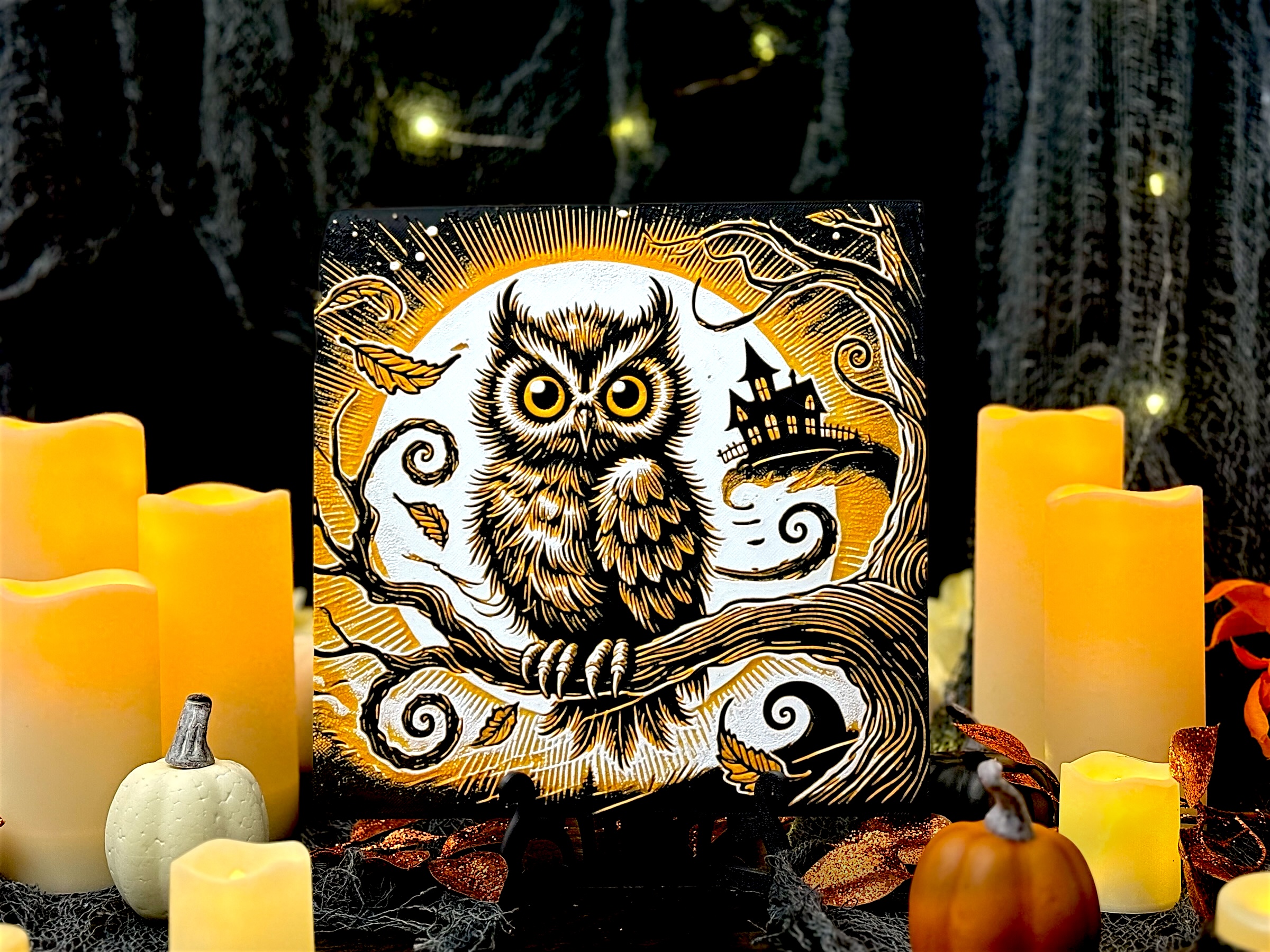 “Haunted Perch” – Layered Owl 2 & Haunted House Hueforge Panel