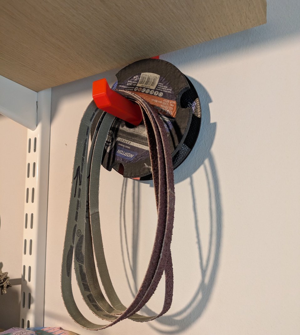 Parts Storage for Wall Slot Shelving - simple hook for grinding discs and sanding belts etc.