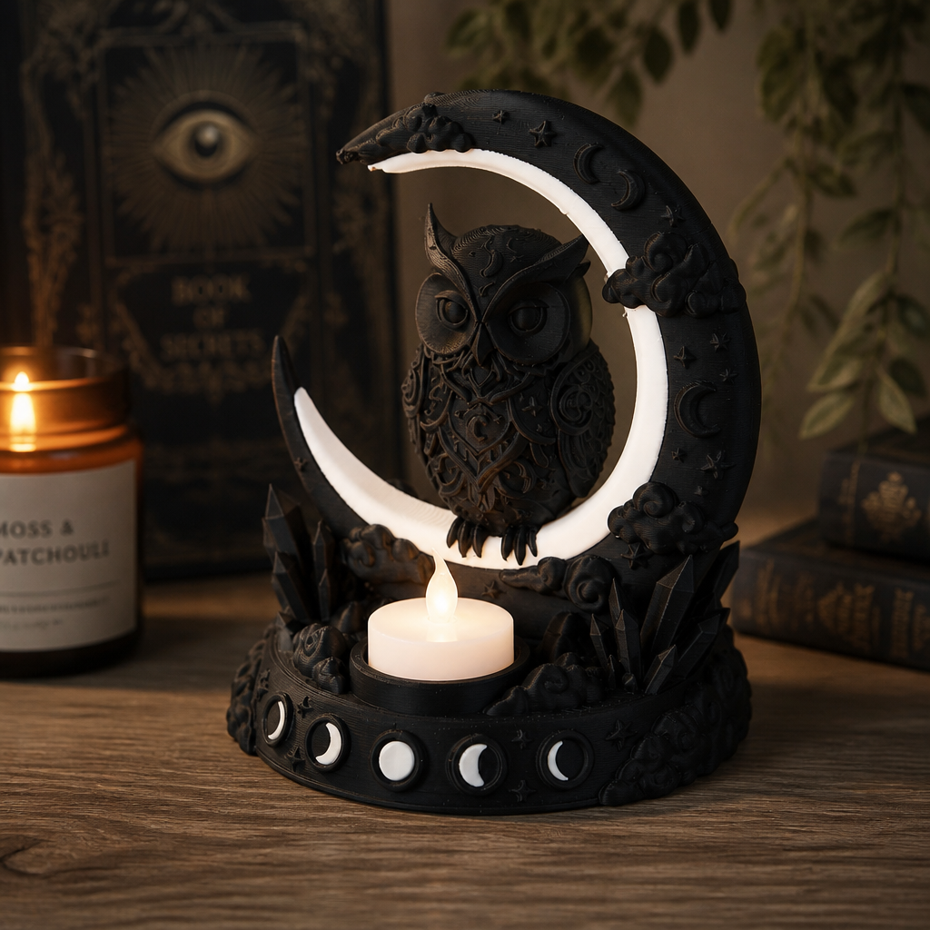 Crescent Owl LED Candle Holder in Mystical Moon Design