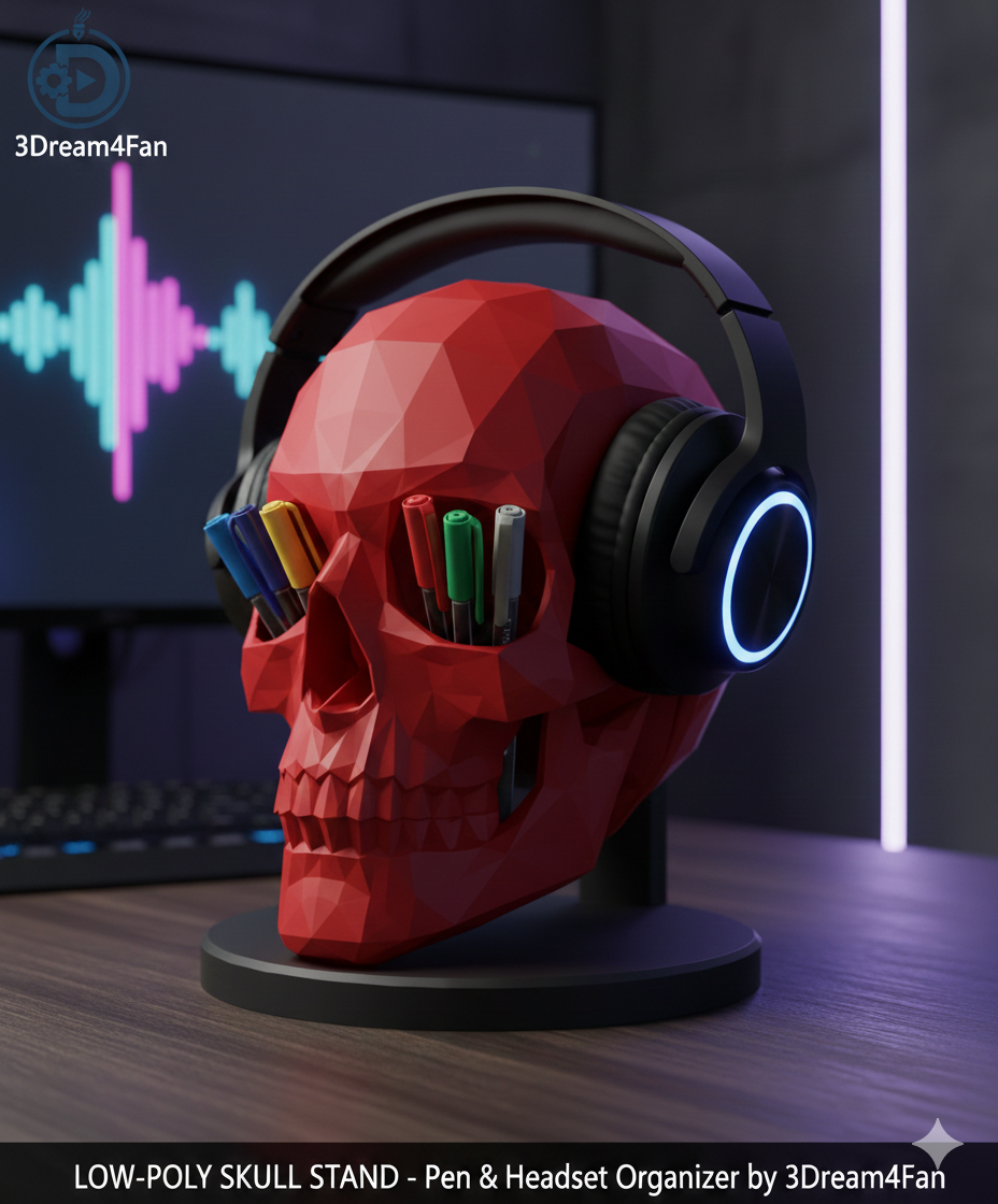 Low-Poly Skull Stand: The Ultimate Pen & Headset Organizer