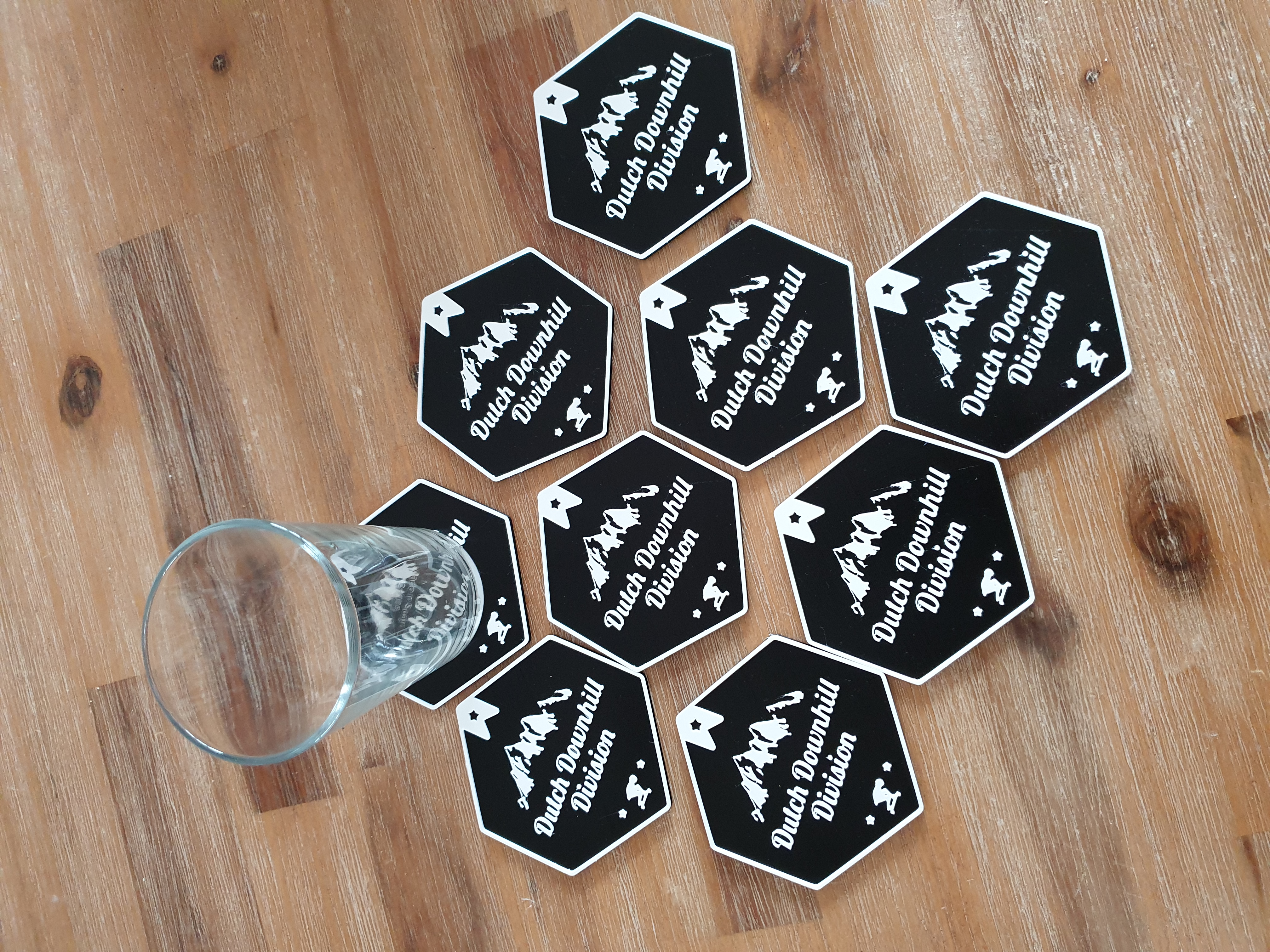Dutch Downhill Division placard and coasters