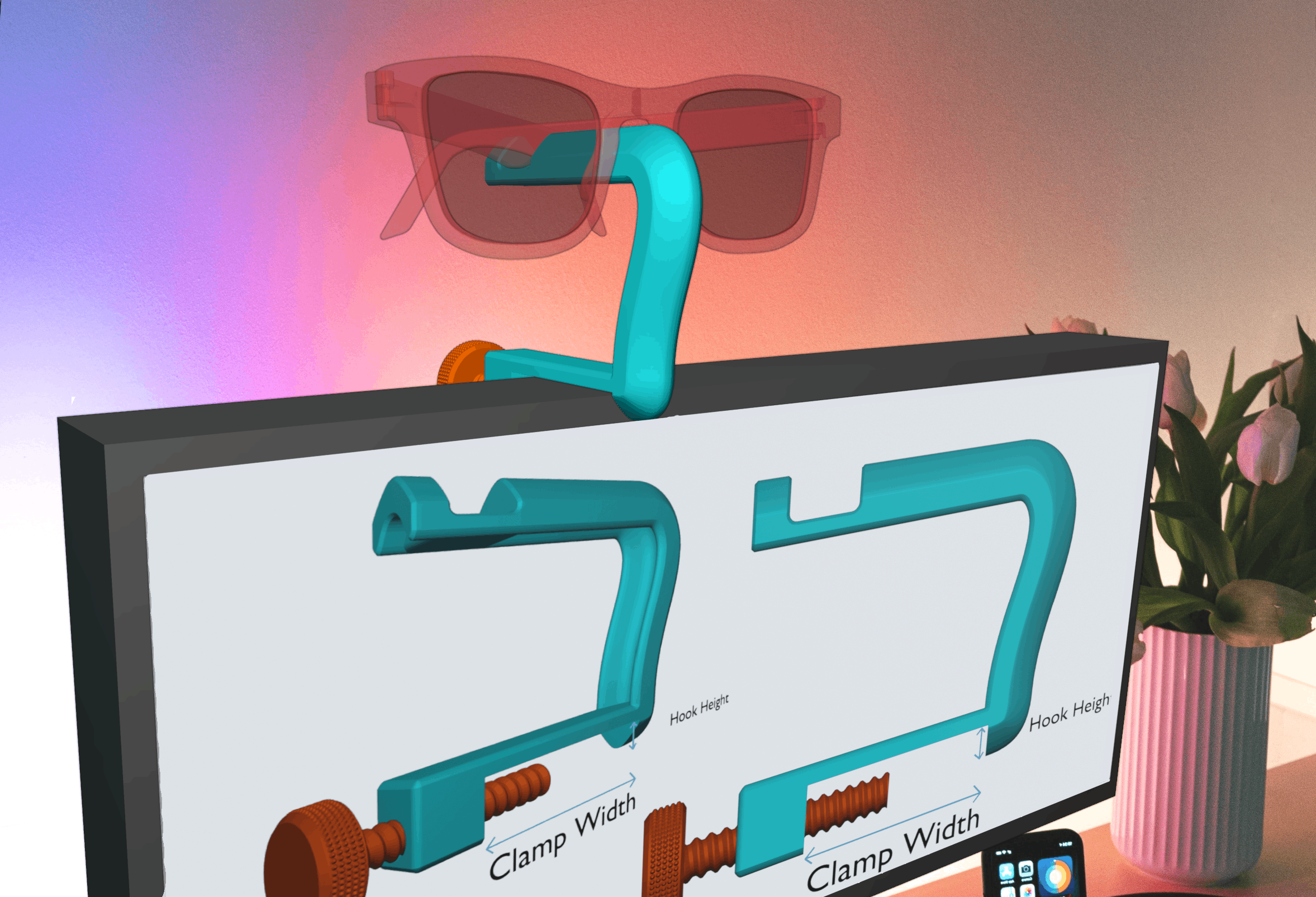 👓 Tiny universal glasses holder mount, no supports