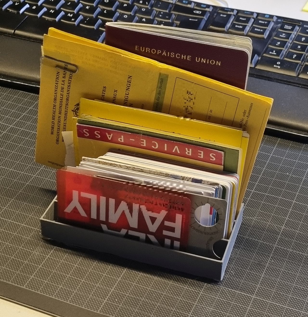 Card holder with three rows for various "cards"