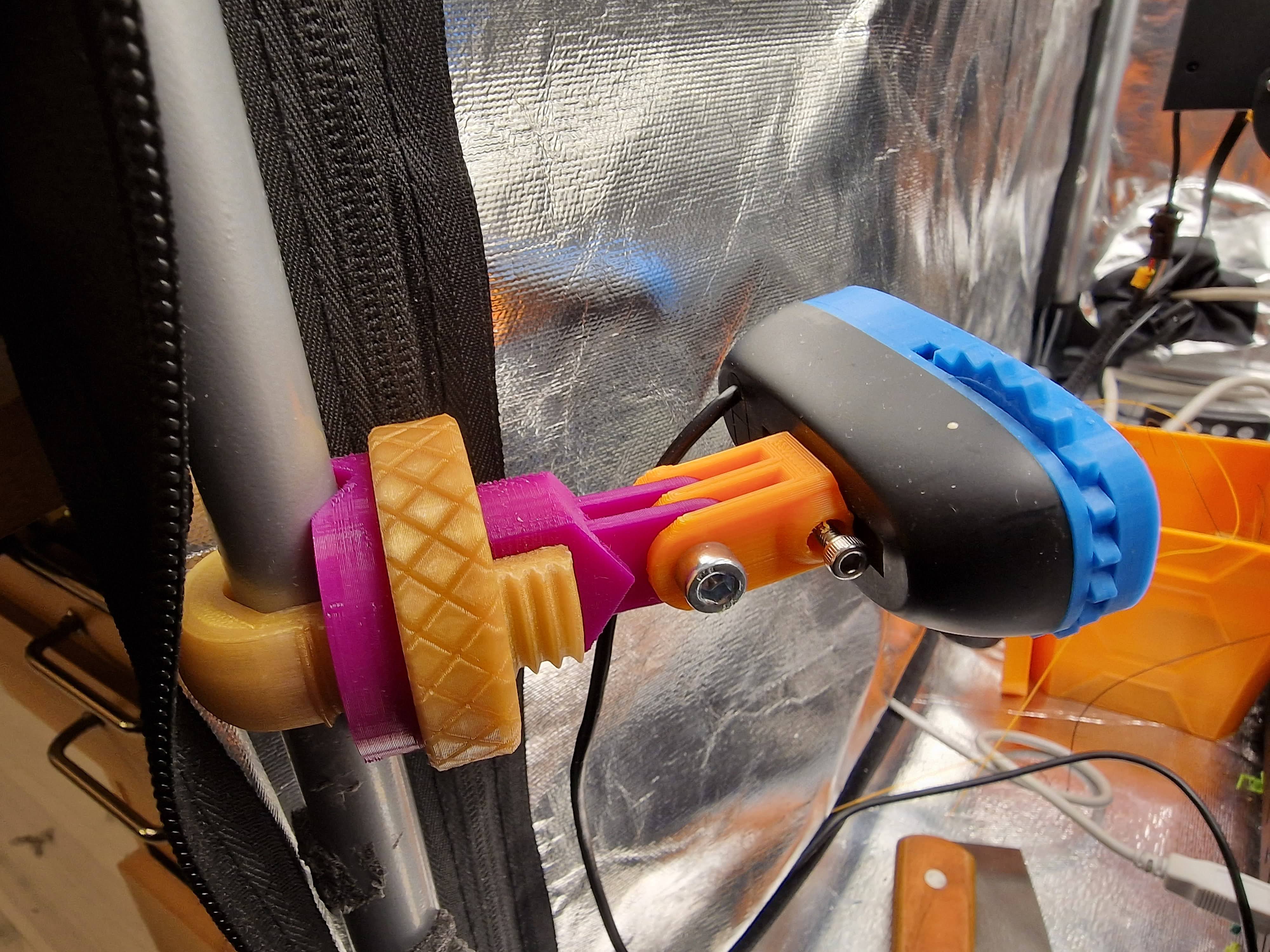 Pipe mount for tent enclosure framework with GoPro fitting (and with LG C270 camera extension)
