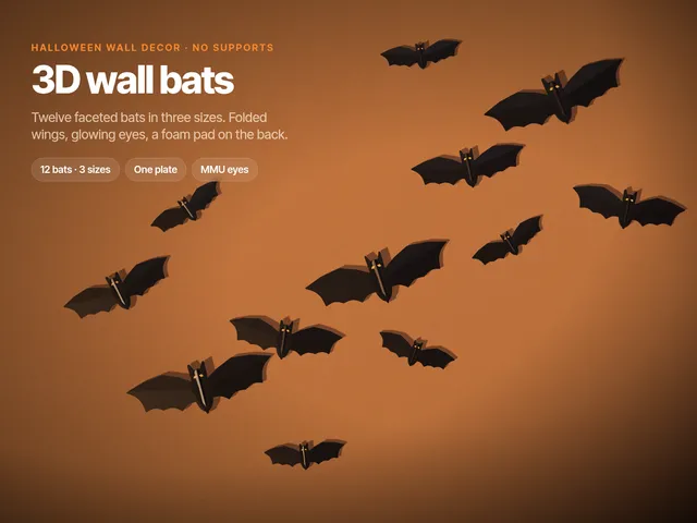 3D Wall Bats – 12 Faceted Halloween Bats in 3 Sizes, One Plate, No Supports, MMU Eyes