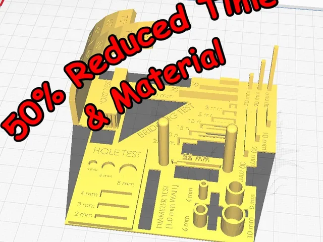 50% Reduced Print Time and Plastic + Separate Models - Complete 3D Printer test all in one (stress test, bed level test, retraction test, calibration test, tolerance test, support test)