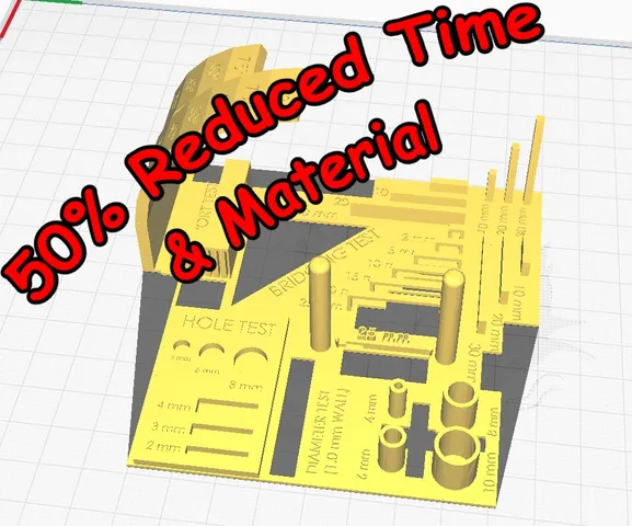 50% Reduced Print Time and Plastic + Separate Models - Complete 3D Printer test all in one (stress test, bed level test, retraction test, calibration test, tolerance test, support test)