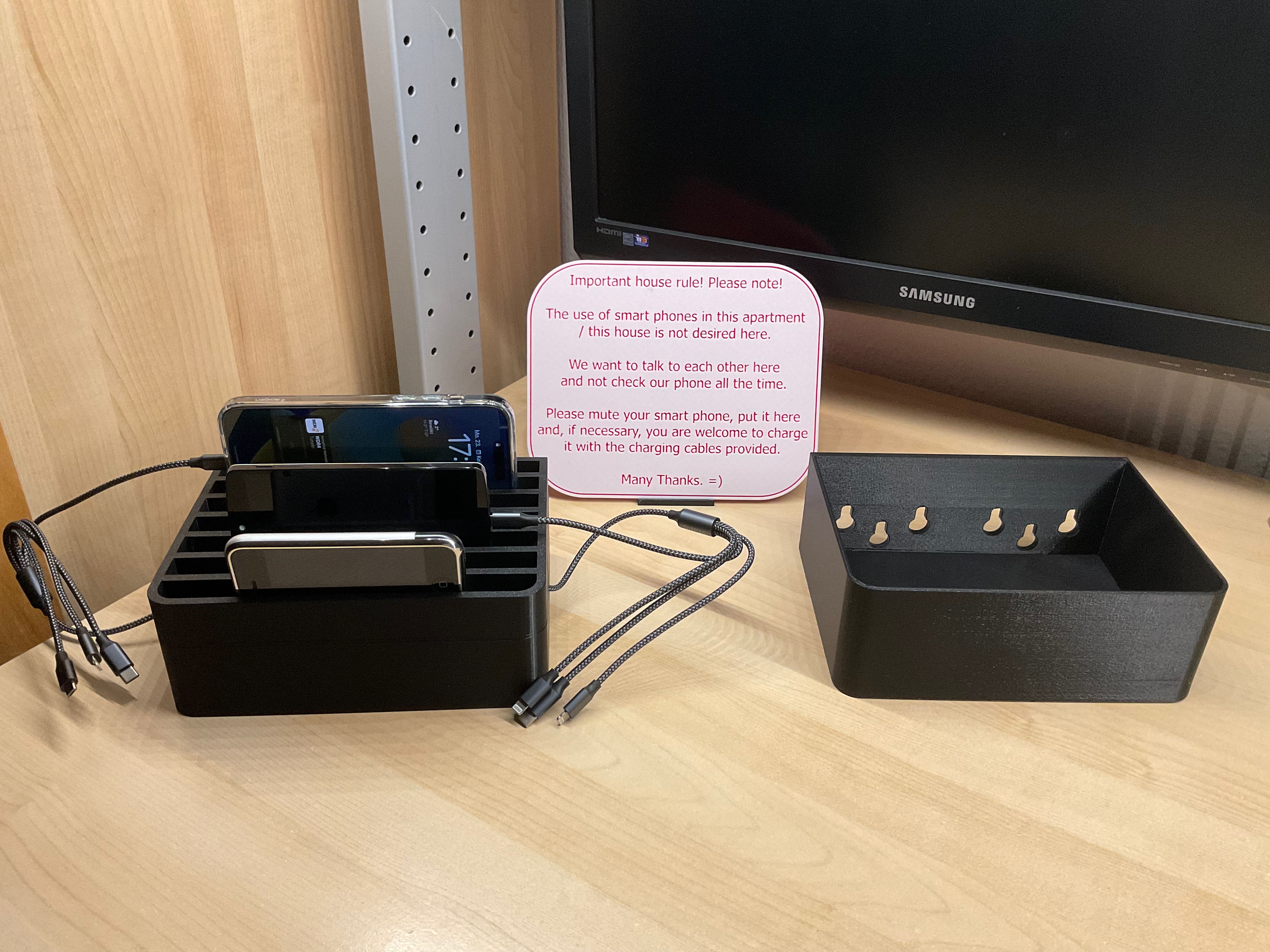 Smart phone + catch-all tray with house rule sign and charging station