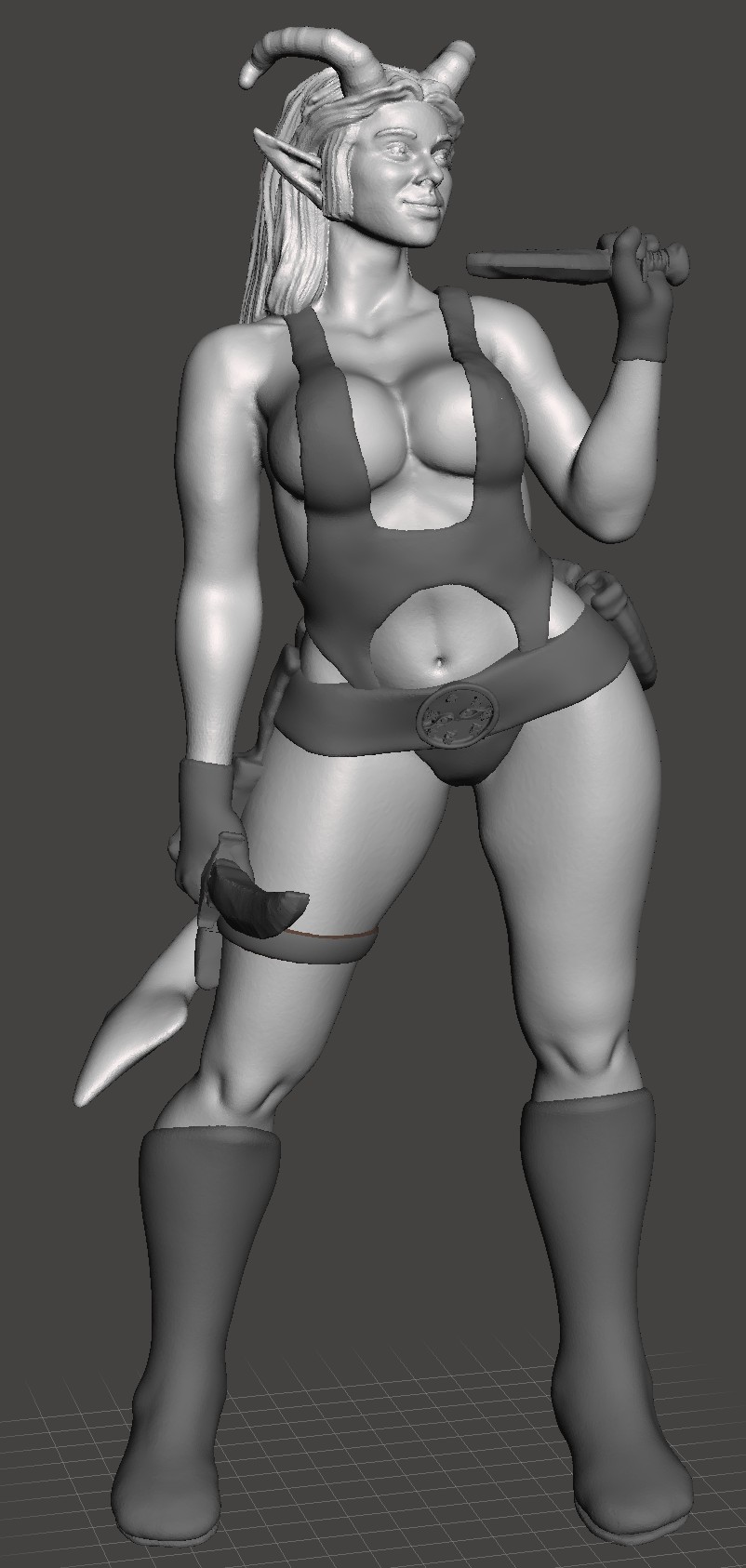 Frisky Tiefling, curvy female with shortsword and dagger