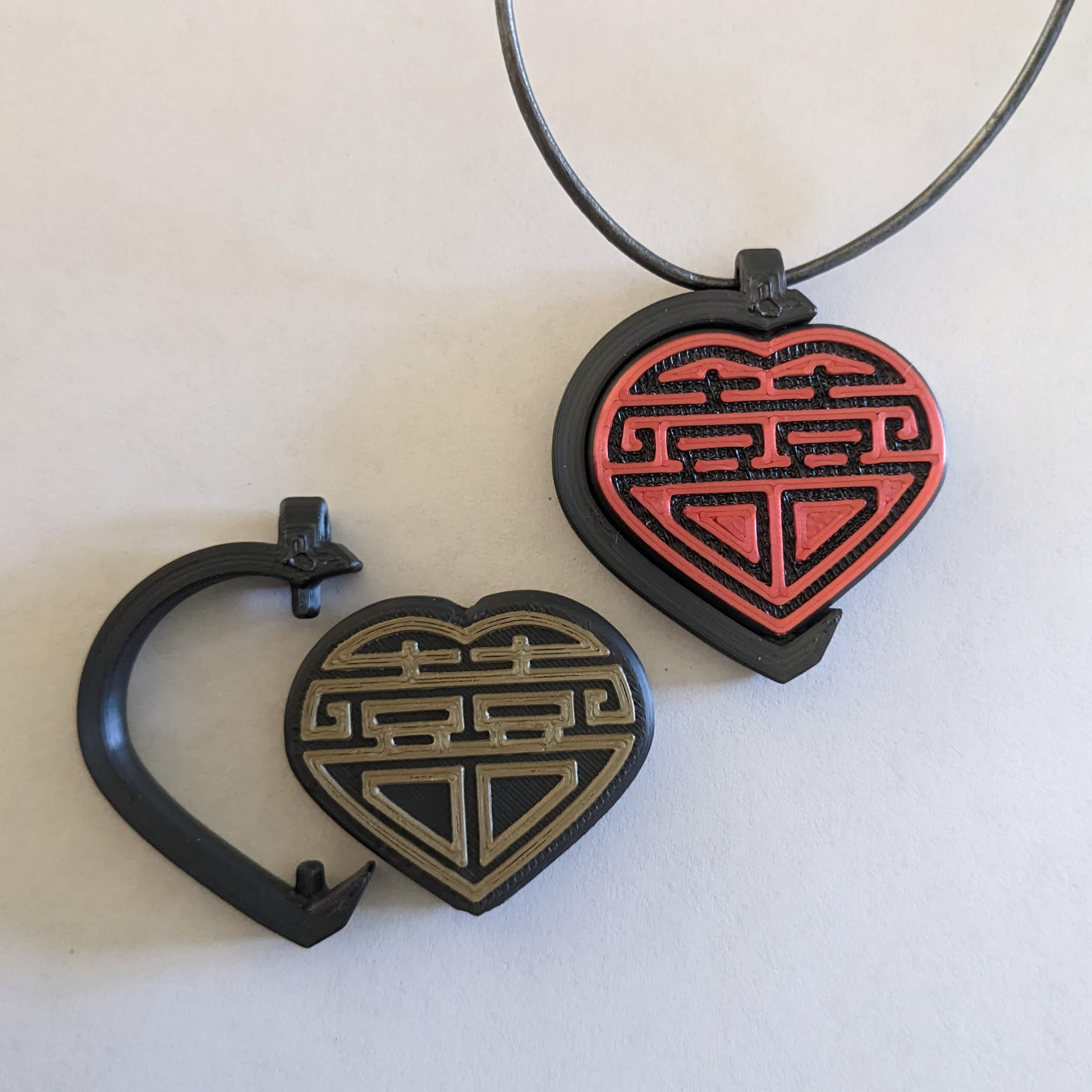Double Sided Double Happiness Rotating Heart Pendant