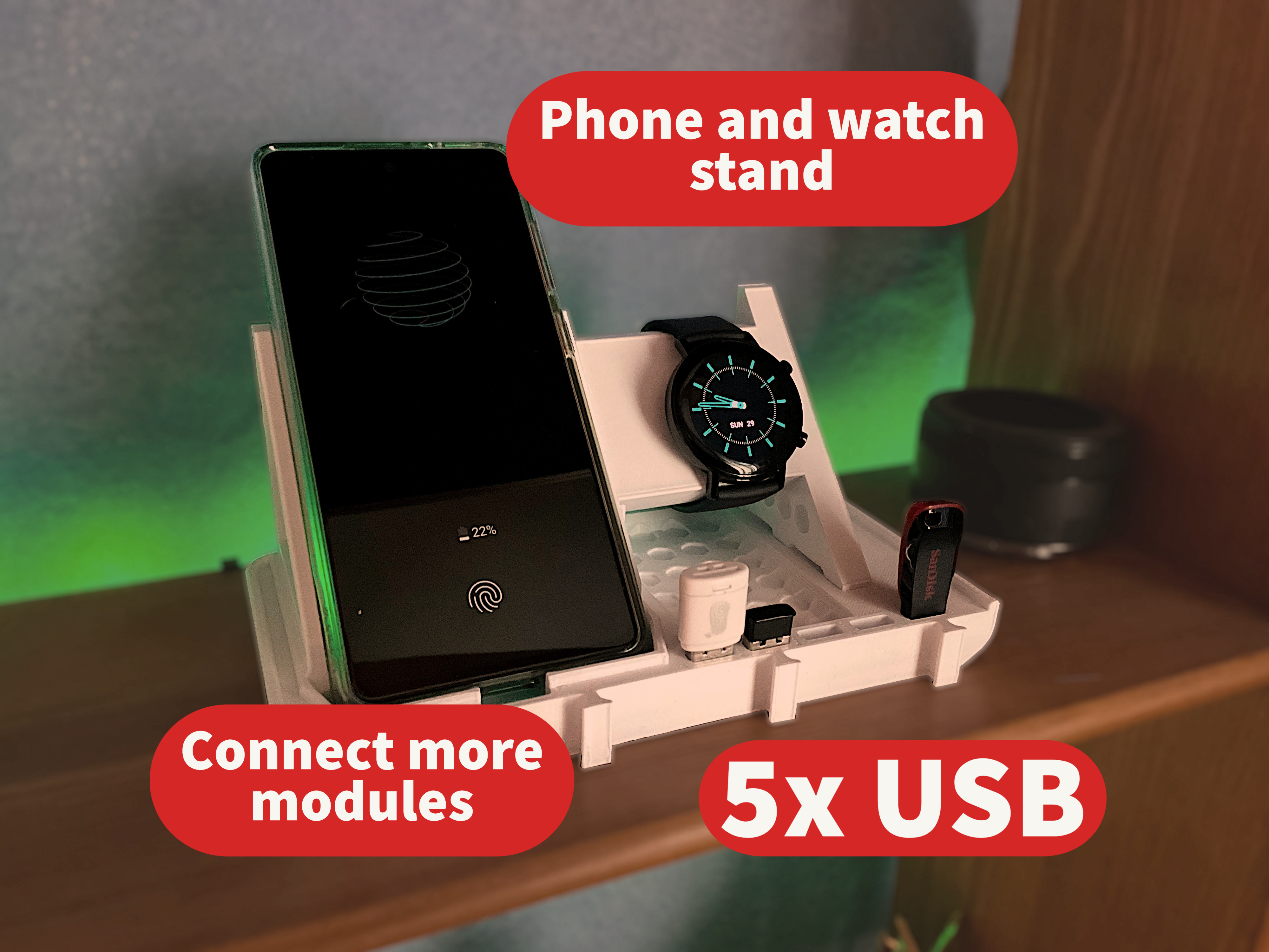 Modular Daily Item Organizer, Phone and Watch Stand, USB Desk Organizer