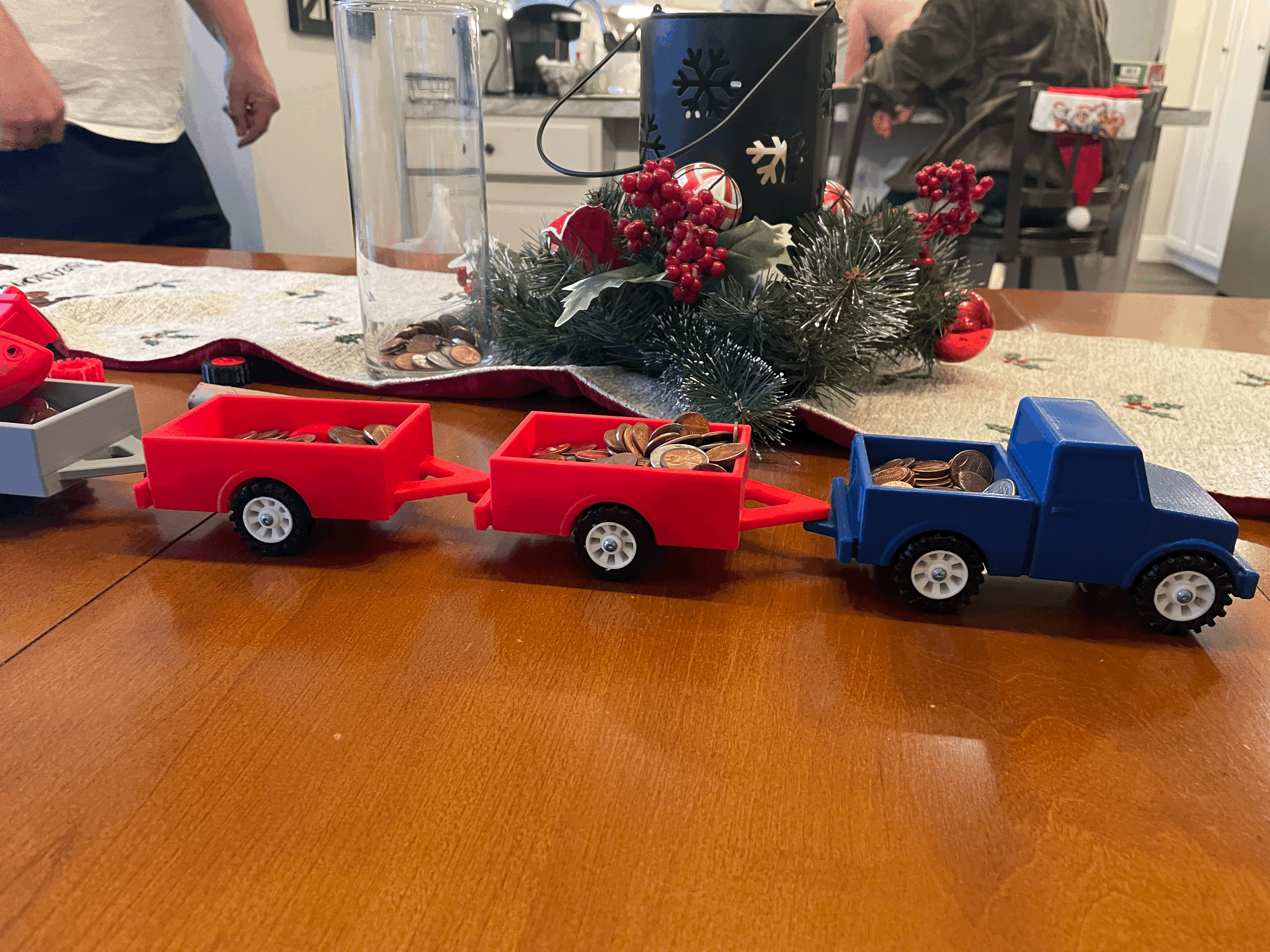 Toy truck, trailers, benchy, benchy trailer