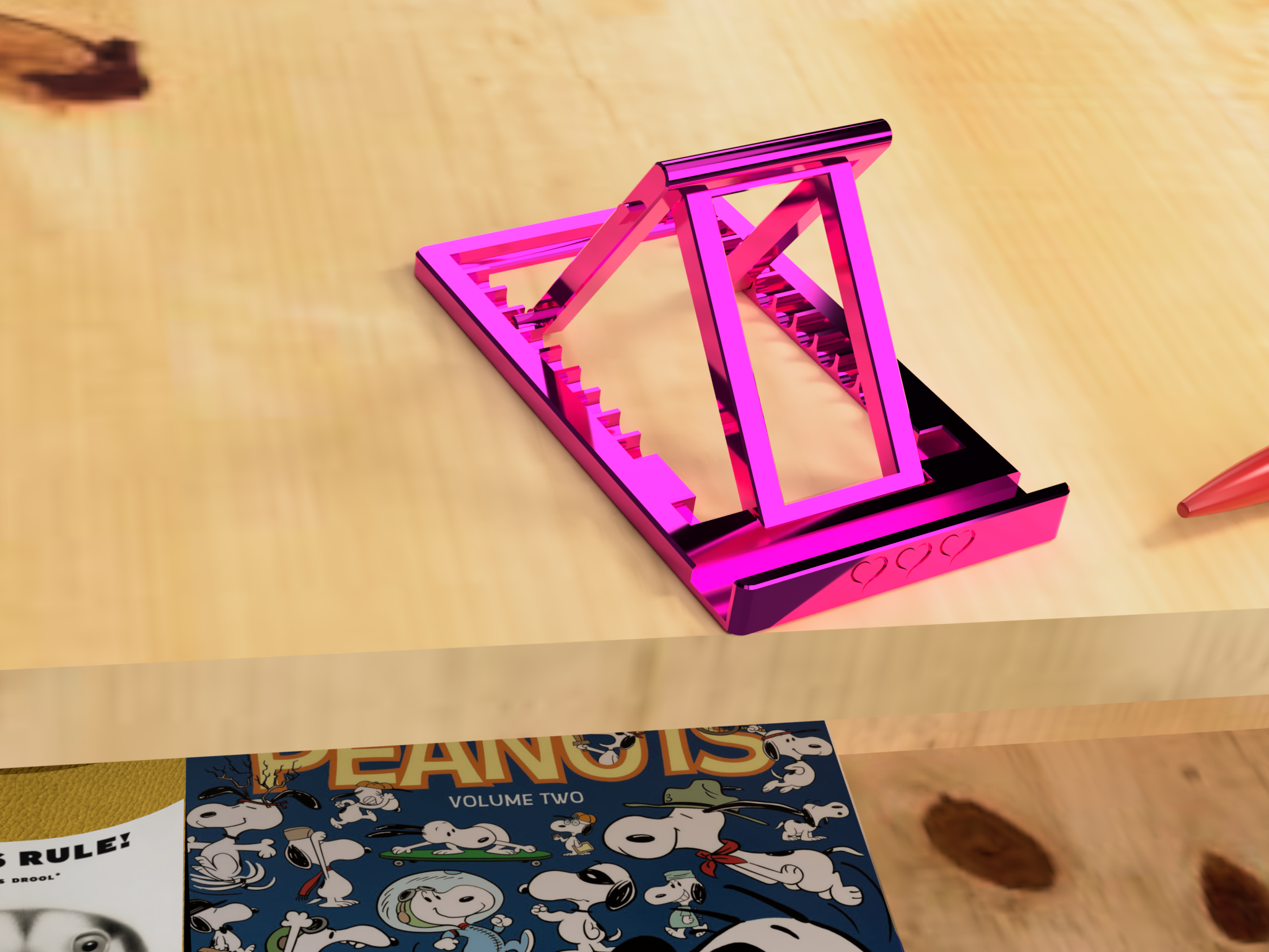 A cellphone stand with embossed hearts