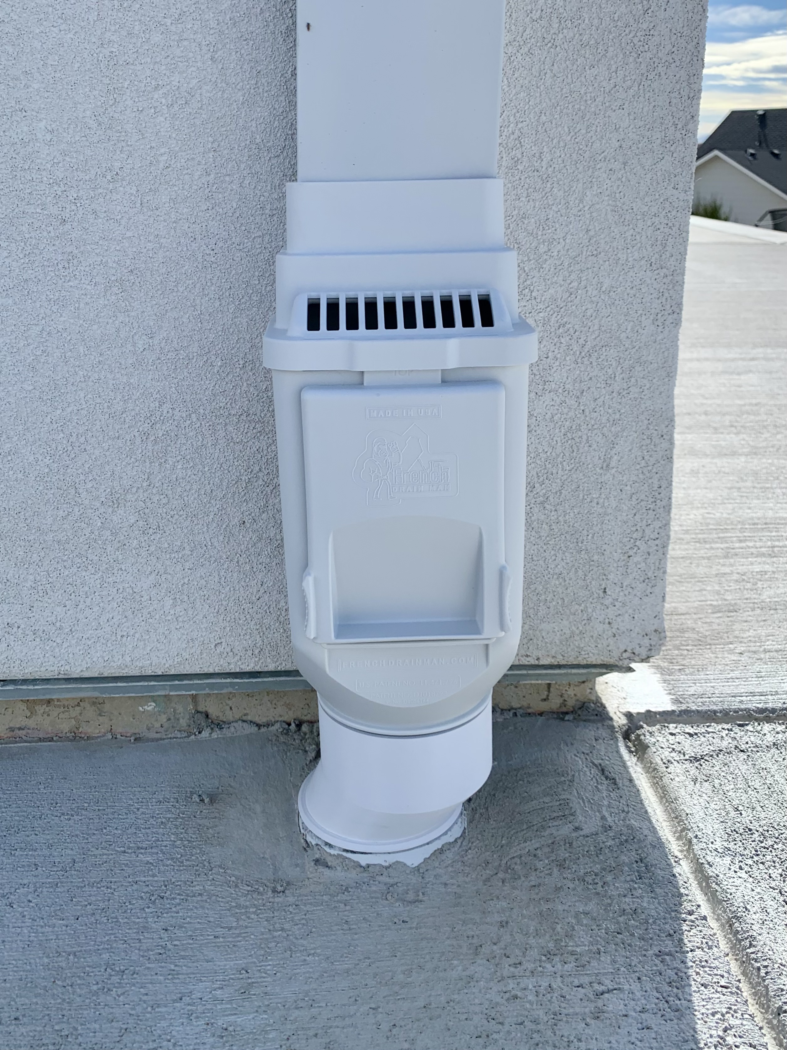 Offset adapter for French Drain Man Downspout Cleanout with Leaf Filter