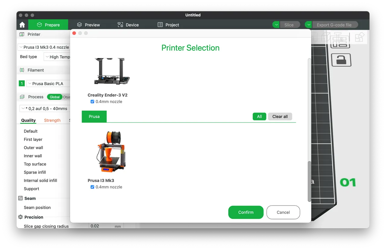 Prusa I3 Mk3 settings for BambuStudio slicer by sbuerger