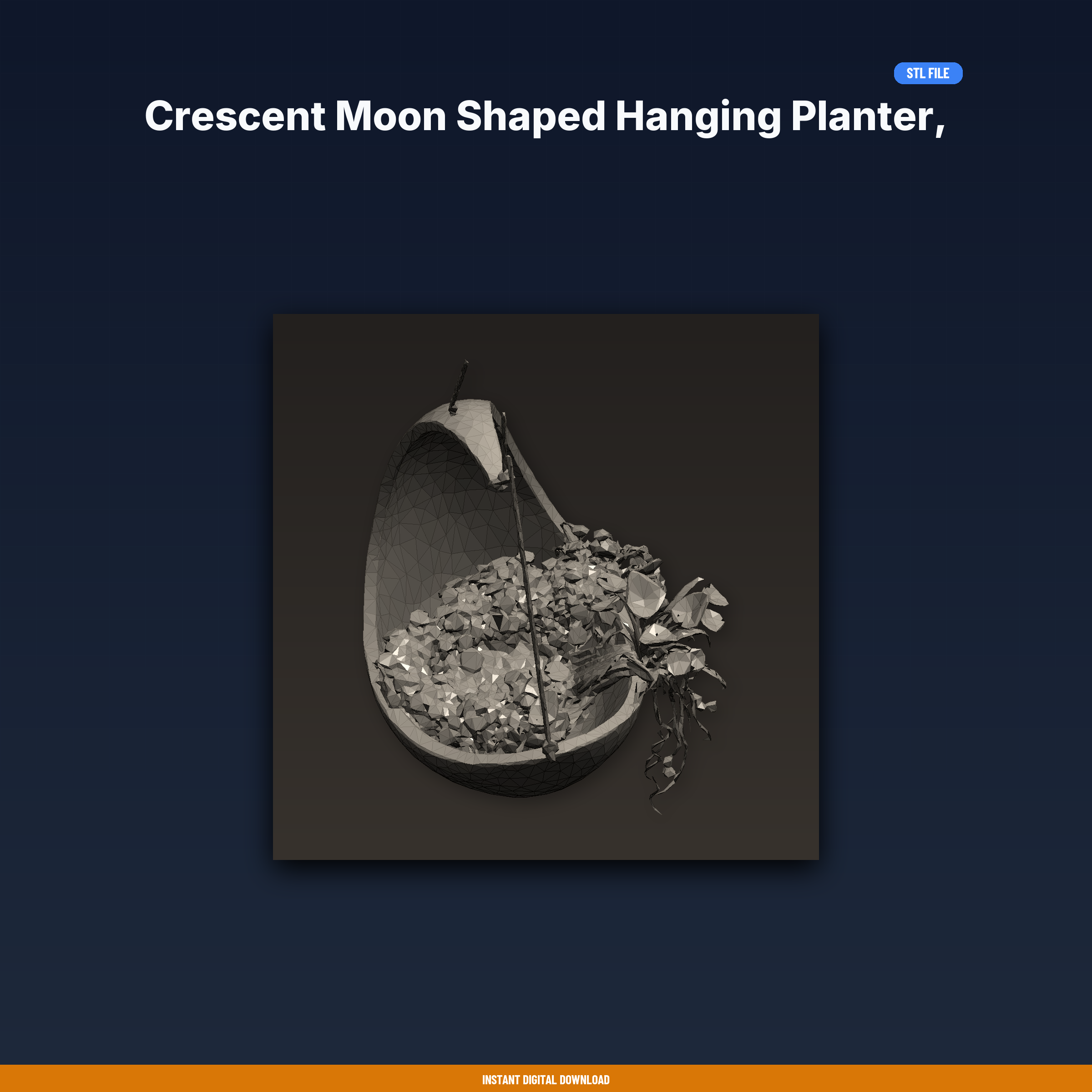 Crescent Moon Shaped Hanging Planter, Wall Mount Holes, Trailing - 3D Printable STL File